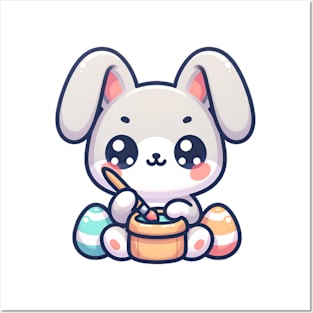 Cute easterbunny painting eggs in kawaii style Posters and Art